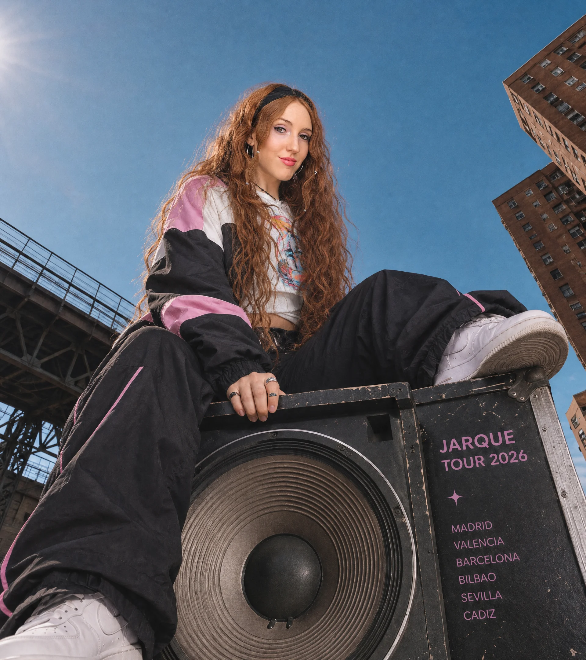 Jarque sentada sobre un altavoz de gira, a contrapicado